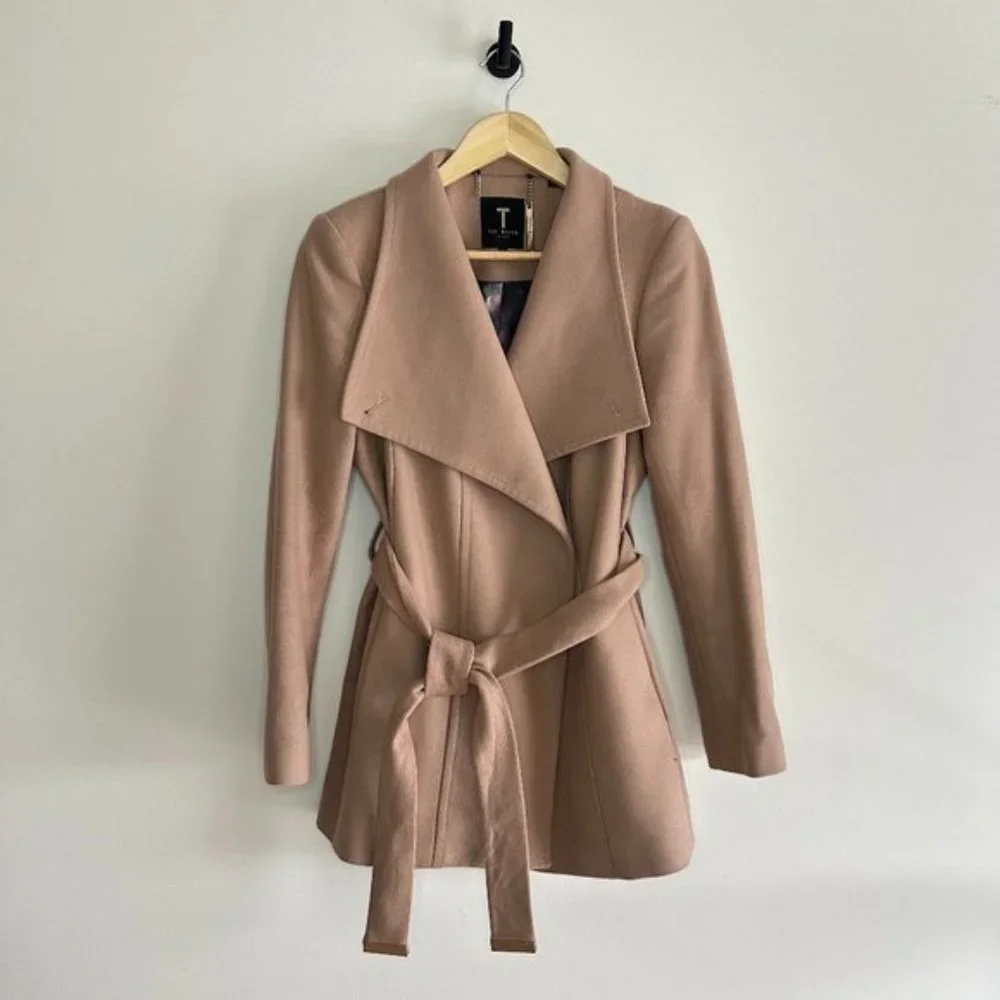 Ted Baker Rytaa Light Pink Short Belted Wool Pea Coat sz 3 - Picture 2 of 11